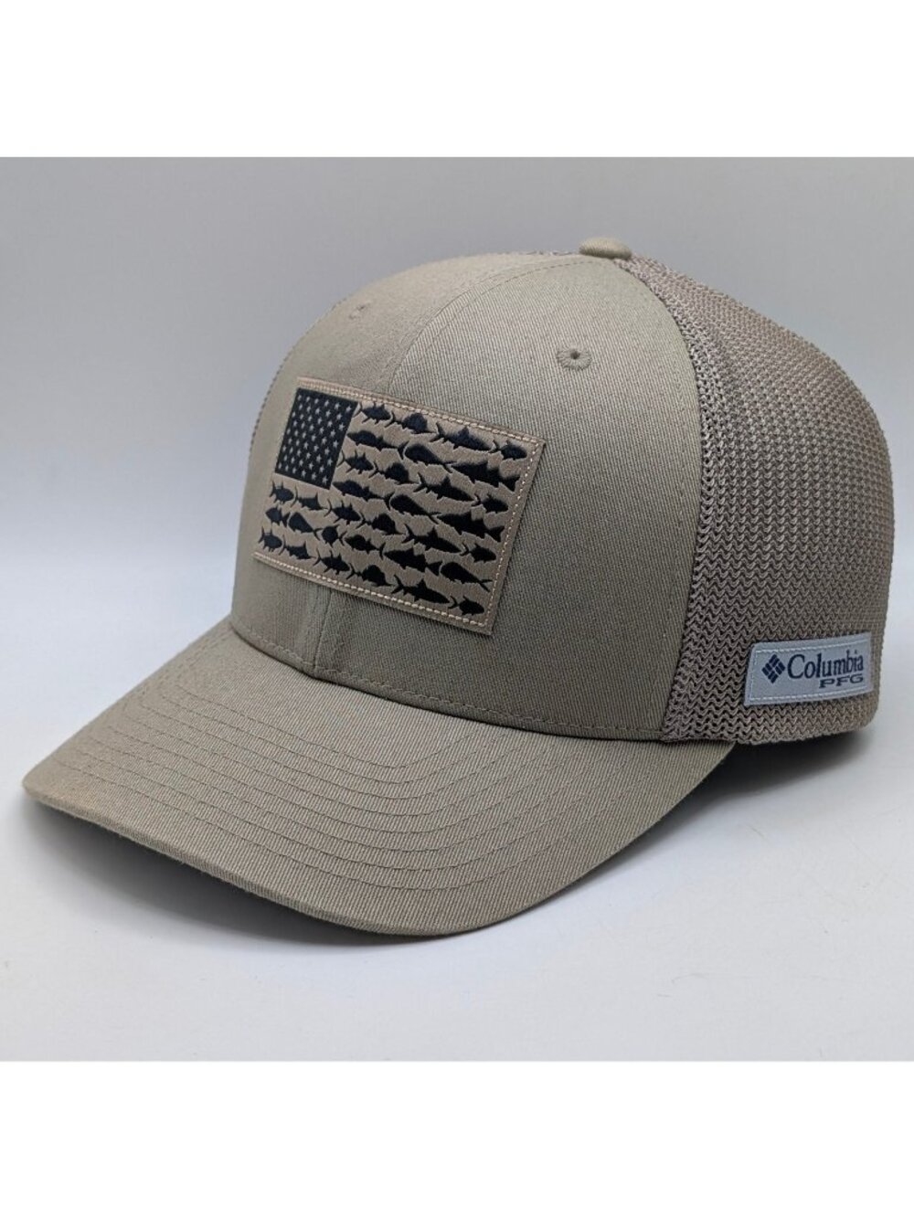 Columbia PFG Trucker Hat S/M Tan Beige Mesh Fish Flag Flexfit Fishing Boating